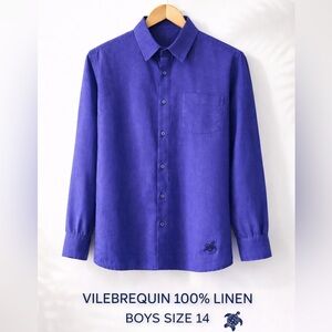Vilebrequin 100% Linen EUC Shirt Purple Blue Turtle Logo Boys 14 Resort Easter